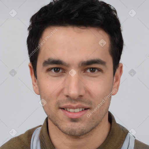 Joyful white young-adult male with short  black hair and brown eyes