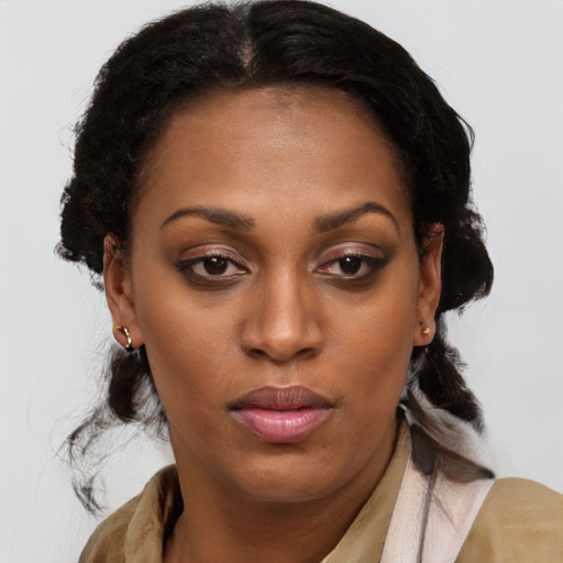 Neutral latino young-adult female with medium  brown hair and brown eyes