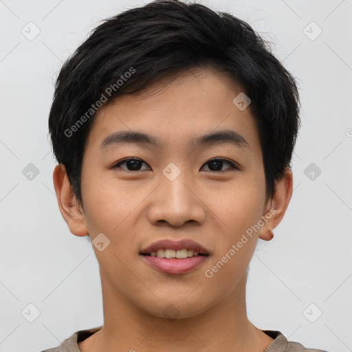 Joyful asian young-adult male with short  black hair and brown eyes