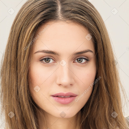 Neutral white young-adult female with long  brown hair and brown eyes