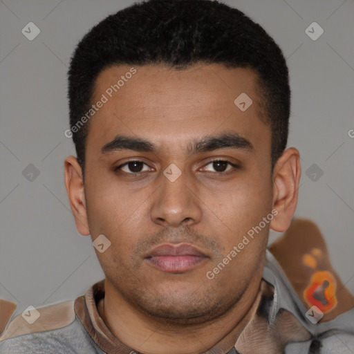Neutral latino young-adult male with short  black hair and brown eyes