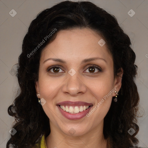 Joyful black young-adult female with long  brown hair and brown eyes