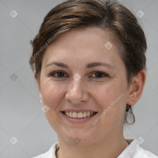 Joyful white young-adult female with medium  brown hair and brown eyes