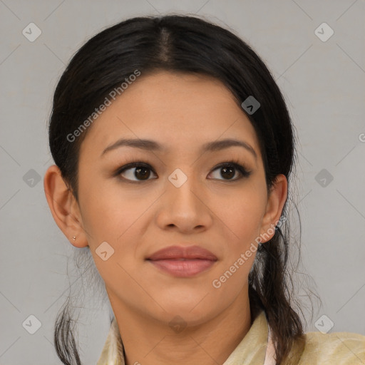 Joyful asian young-adult female with medium  brown hair and brown eyes