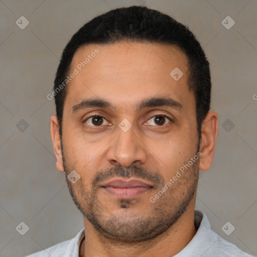 Neutral latino young-adult male with short  black hair and brown eyes