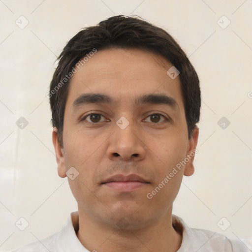 Neutral asian young-adult male with short  black hair and brown eyes