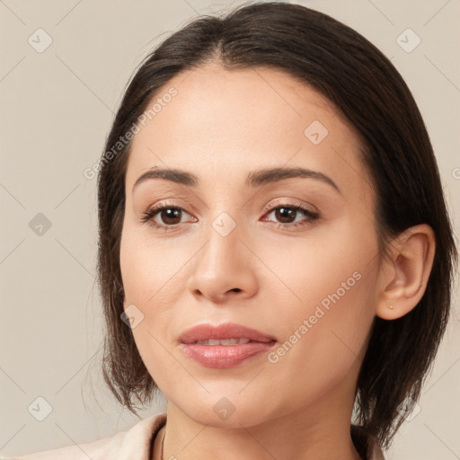 Joyful white young-adult female with medium  brown hair and brown eyes