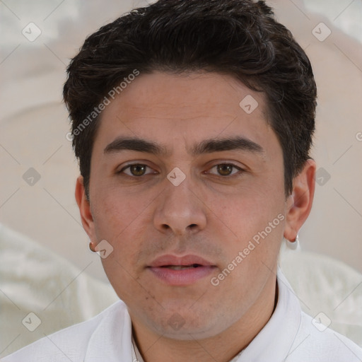 Neutral white young-adult male with short  brown hair and brown eyes