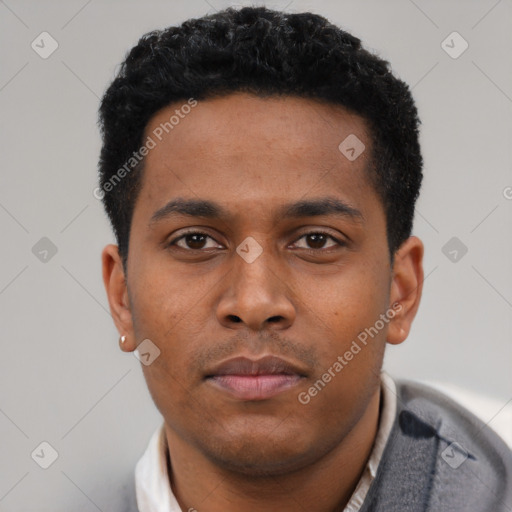 Neutral latino young-adult male with short  black hair and brown eyes