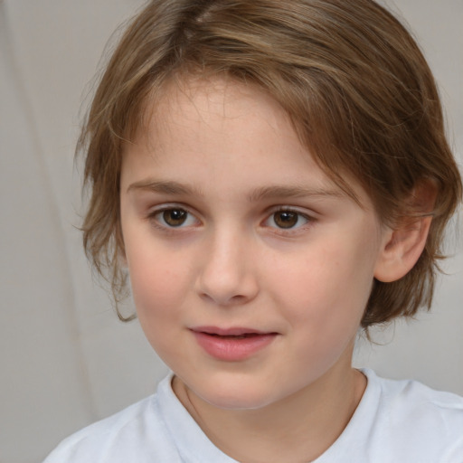 Joyful white child female with medium  brown hair and brown eyes