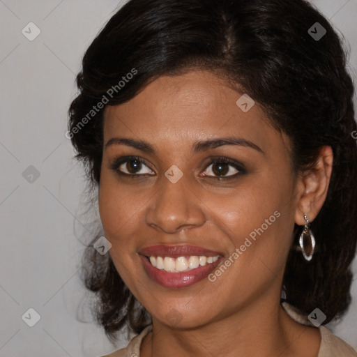 Joyful black young-adult female with medium  brown hair and brown eyes