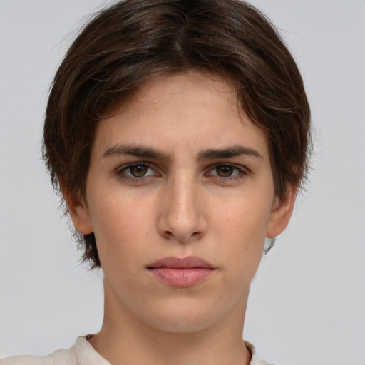 Neutral white young-adult female with short  brown hair and brown eyes