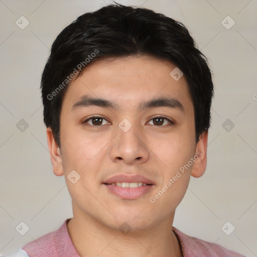 Joyful asian young-adult male with short  brown hair and brown eyes