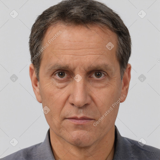 Neutral white middle-aged male with short  brown hair and brown eyes