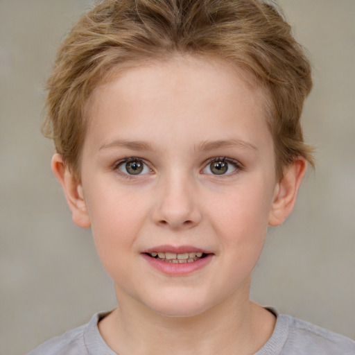 Joyful white child female with short  brown hair and brown eyes