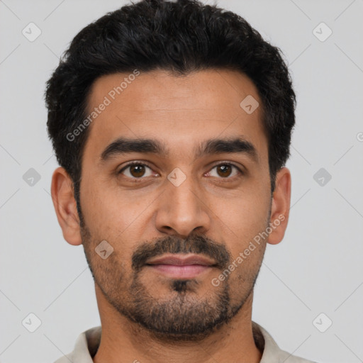 Neutral latino young-adult male with short  black hair and brown eyes