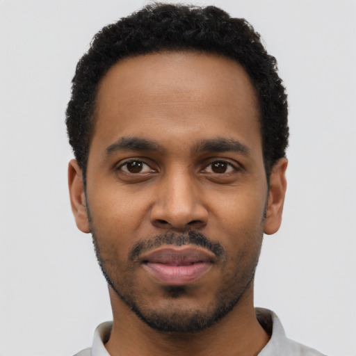 Neutral black young-adult male with short  black hair and brown eyes