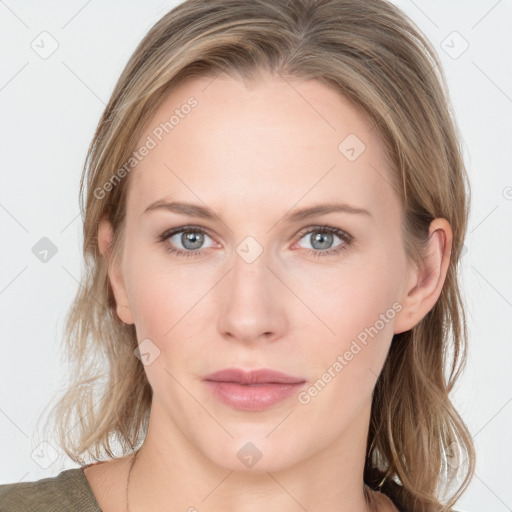 Neutral white young-adult female with medium  brown hair and grey eyes