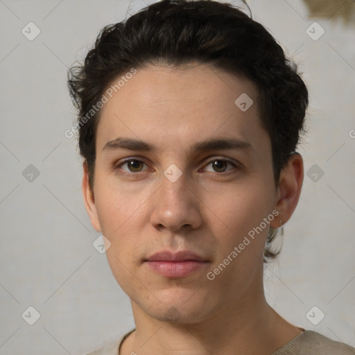 Neutral white young-adult male with short  brown hair and brown eyes