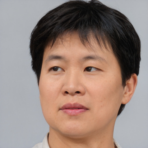 Joyful asian adult female with short  brown hair and brown eyes
