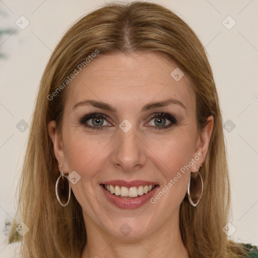 Joyful white young-adult female with long  brown hair and green eyes