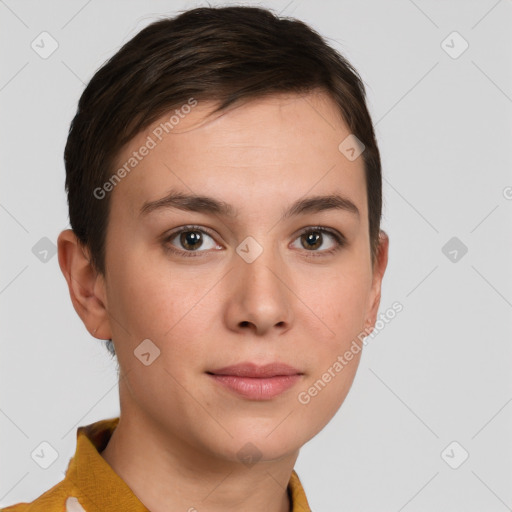 Neutral white young-adult female with short  brown hair and brown eyes