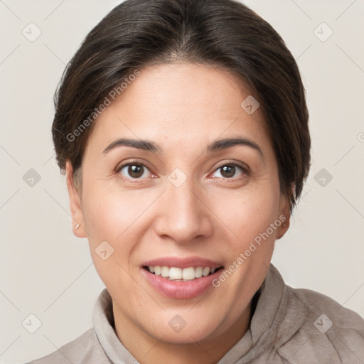 Joyful white young-adult female with short  brown hair and brown eyes