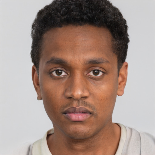 Neutral black young-adult male with short  black hair and brown eyes