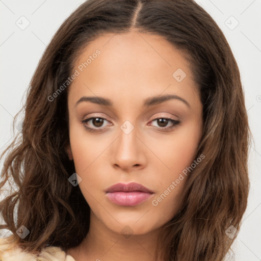 Neutral white young-adult female with long  brown hair and brown eyes