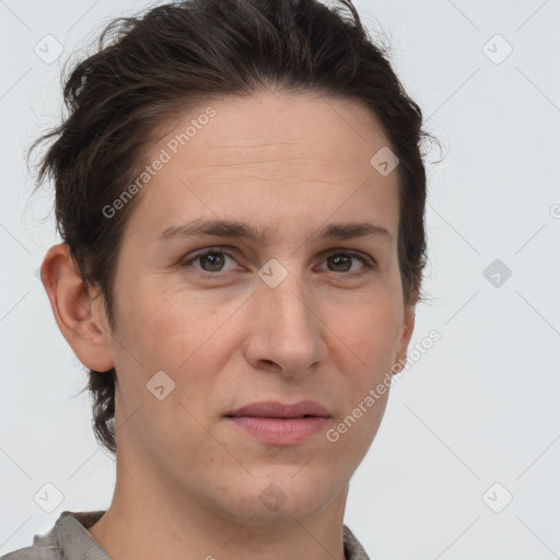 Joyful white adult female with short  brown hair and brown eyes