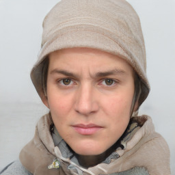 Neutral white young-adult female with short  brown hair and grey eyes