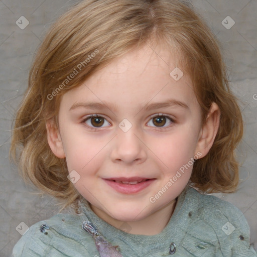 Joyful white child female with medium  brown hair and blue eyes