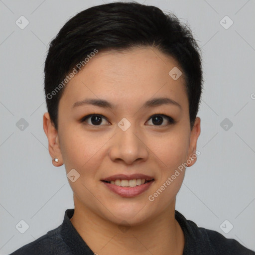 Joyful asian young-adult female with short  black hair and brown eyes