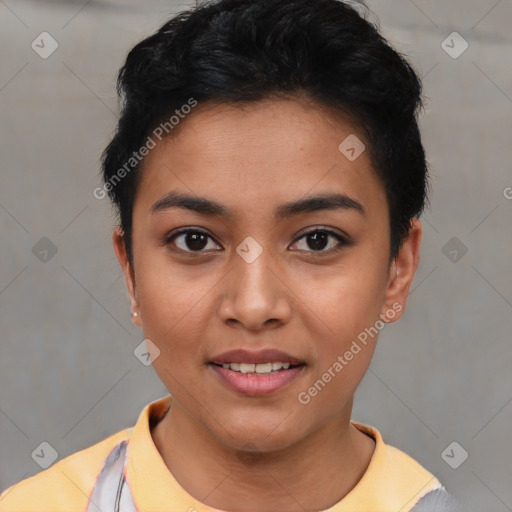 Joyful asian young-adult female with short  black hair and brown eyes