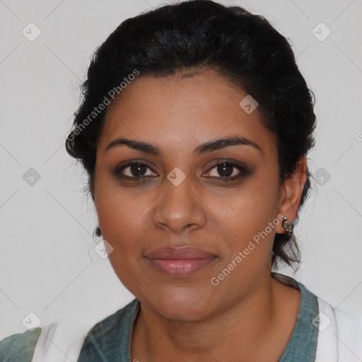 Joyful latino young-adult female with medium  black hair and brown eyes