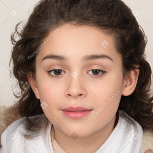 Joyful white child female with medium  brown hair and brown eyes