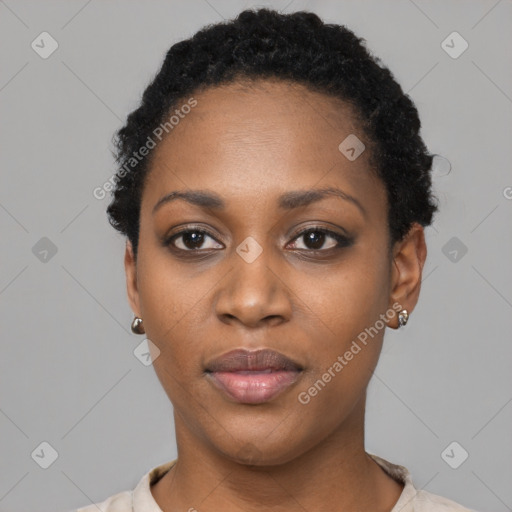 Neutral black young-adult female with short  black hair and brown eyes