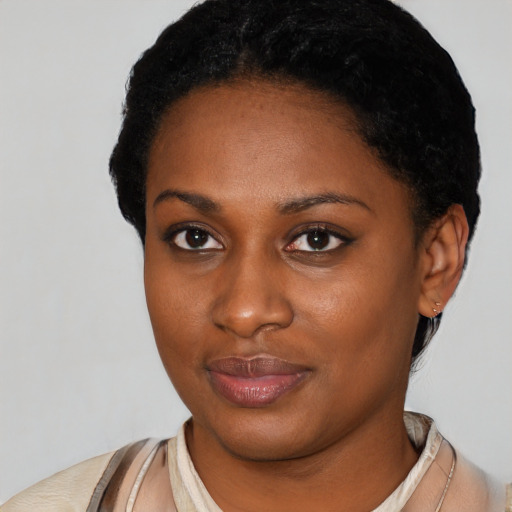 Neutral latino young-adult female with short  black hair and brown eyes