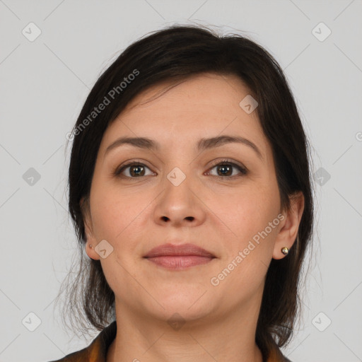 Joyful white young-adult female with medium  brown hair and brown eyes