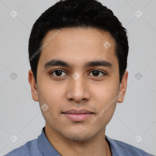 Neutral latino young-adult male with short  black hair and brown eyes