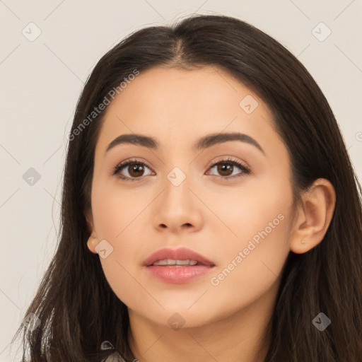 Neutral asian young-adult female with long  brown hair and brown eyes