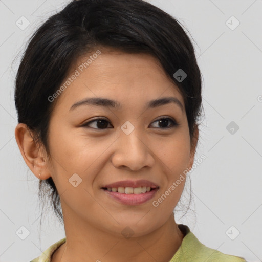 Joyful asian young-adult female with medium  brown hair and brown eyes