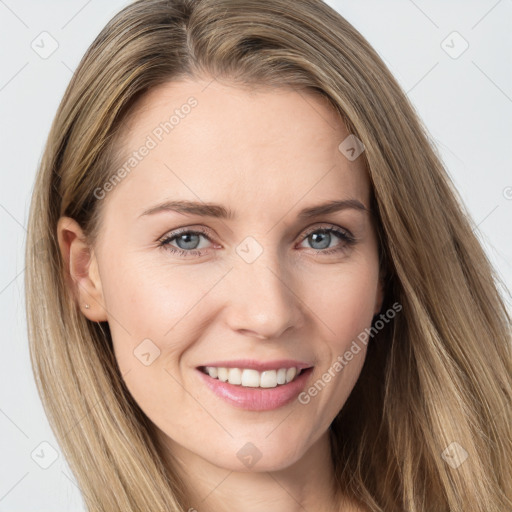 Joyful white young-adult female with long  brown hair and grey eyes