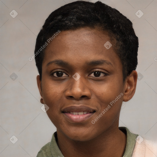 Joyful black young-adult female with short  black hair and brown eyes