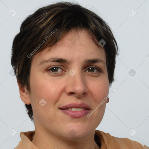 Joyful white adult female with medium  brown hair and brown eyes