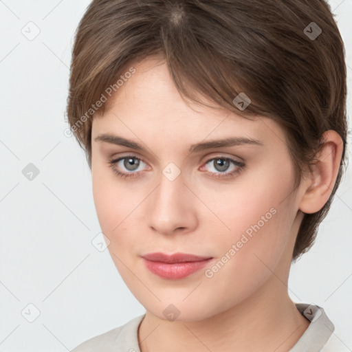 Neutral white young-adult female with medium  brown hair and brown eyes