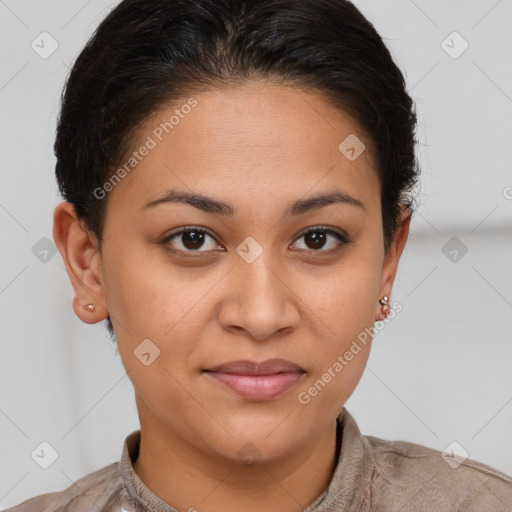 Joyful latino young-adult female with short  brown hair and brown eyes