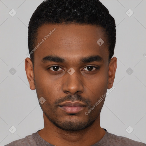 Neutral black young-adult male with short  black hair and brown eyes