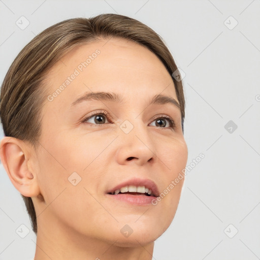 Joyful white young-adult female with medium  brown hair and brown eyes