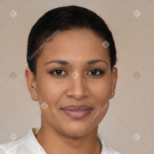 Joyful latino young-adult female with short  brown hair and brown eyes